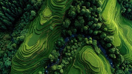 Aerial View of Lush Green Rice Terraces and Dense Forest Landscape