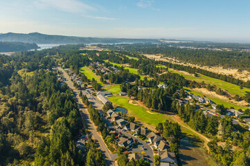 Aerial of suburban town in Oregon with golf course