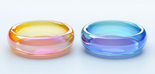 Two iridescent, smooth, glass rings, one orange-yellow, the other light blue