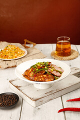Szechuan Spicy Fried Sausage with Green Onions and Fried Rice Traditional Chinese Cuisine