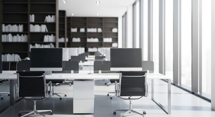 Fototapeta premium Modern Open-Plan Office Space with Empty Workstations and Bright Natural Light