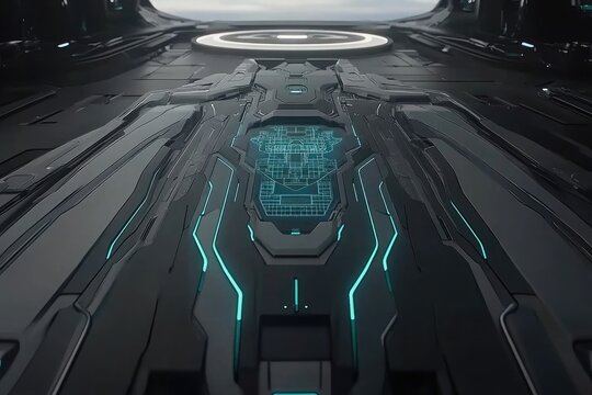 view from bridge of alien spacecraft with holographic interface on large screen in black and teal colors featuring sleek design for sci-fi and futuristic concepts