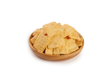 Dried Tofu Skin Pieces in Wooden Bowl - Traditional Asian Vegetarian Ingredient on White Background