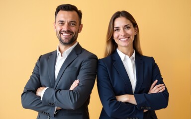 Portrait of two smiling mature Latin business man, European business woman standing arms crossed isolated on beige background. Diverse colleagues, group team of confident professional business people
