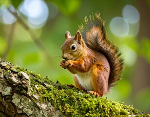 A red squirrel perched on a mossy tree branch, eating a nut.  Focus on the squirrel, bokeh background