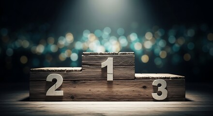A rustic wooden podium with numbers 1, 2, and 3, illuminated by spotlight against a bokeh background