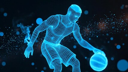 Futuristic Basketball Player Dribbling: Digital Wireframe Animation in Blue - Powered by Adobe