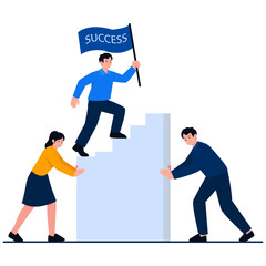 People helping each other ascend stairs with a success flag