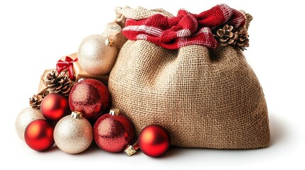 Santa Claus burlap bag with Christmas gifts and shiny baubles isolated on white