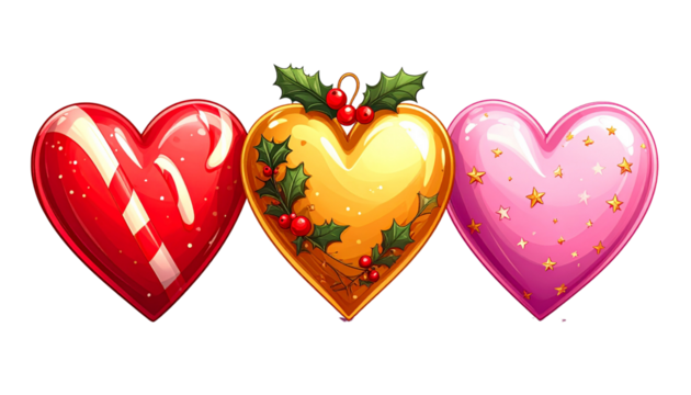 Festive holiday bundle of three heart-shaped Christmas decorations isolated on transparent background