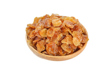 Dried Golden Raisins in Wooden Bowl on White Background