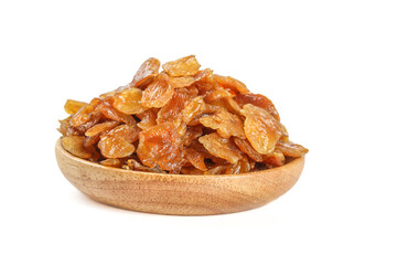 Golden Raisins in Wooden Bowl on White Background - Dried Fruit Snack