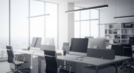 Fototapeta premium Modern Empty Office Workspace Background with Minimalist Design and Bright Natural Light