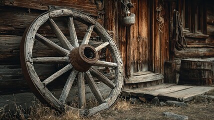 Obraz premium An old wooden wagon wheel leaning against a weathered rustic wooden building.