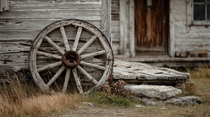 Obraz premium Rustic Wooden Wagon Wheel Leaning Against Weathered Building Exterior