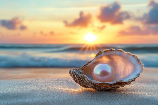 Pearl in shell at sunrise