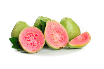 Fresh Pink Guava Fruit Cut in Half Showing Seeds and Creamy Flesh on White Background