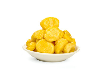 Fried Chestnut Kernels in White Bowl on White Background - Traditional Chinese Snack Food