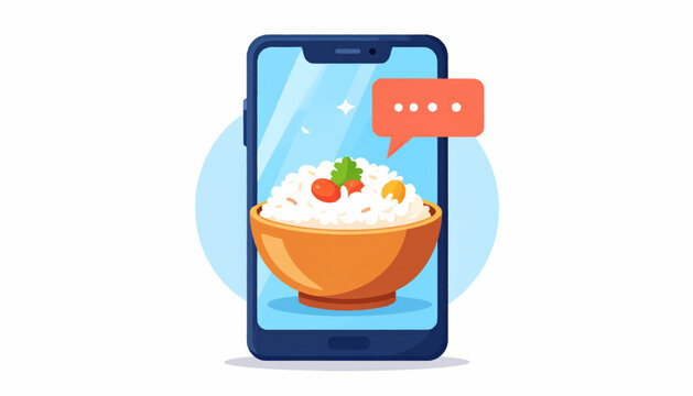 Digital illustration showcasing a smartphone with an app interface, presenting a bowl of appetizing food for convenient online ordering and swift meal delivery services