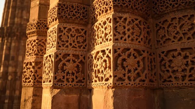 Close up of exquisite stone carvings and decorative patterns on ancient pillars at historical qutub minar complex in warm sunlight
