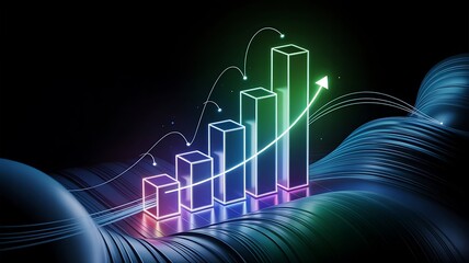 Neon bar graph showing upward trend growth success