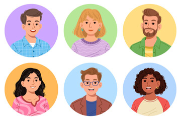 Flat vector set of six diverse people character portraits in colorful circular frames