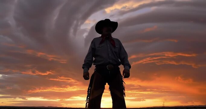 Cowboy silhouette against dramatic sunset sky backdrop