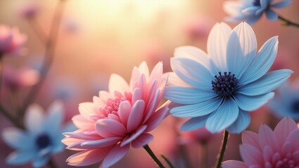 Delicate pastel-toned flowers in a soft, warm light, showcasing vibrant pinks and blues, with a shallow depth of field.