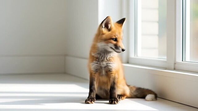 Adorable baby fox cub sitting by a window, bathed in natural light.