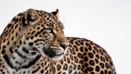 Obraz premium Captivating leopard portrait with intense gaze, showcasing stunning detail and vibrant fur against a clean white backdrop, perfect for design projects