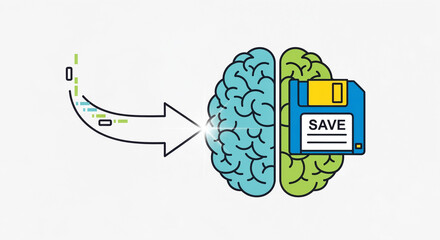 Brain saving data represented by a floppy disk icon and data flow into the mind