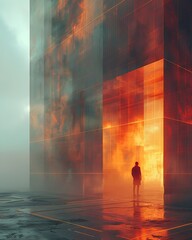 Surreal Sci-Fi Scene Lone Figure in a Glowing, Abstract Architectural Environment