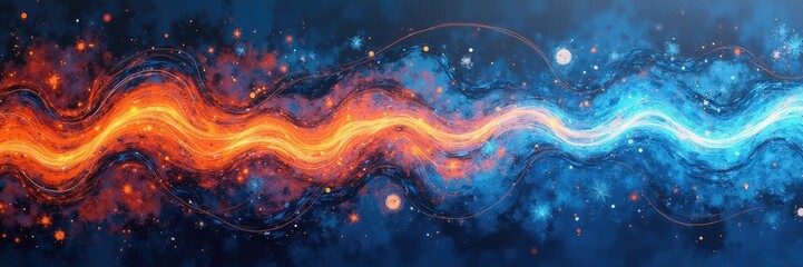 A vibrant abstract design features a mesmerizing flow of contrasting orange and blue hues, highlighted by luminous streaks, creating a dynamic and energetic visual experience.