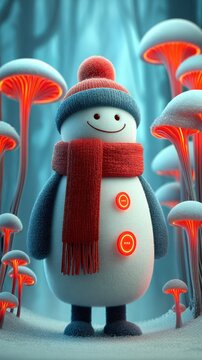 A whimsical snowman with a colorful hat and scarf stands among glowing mushrooms in a magical winter forest setting.