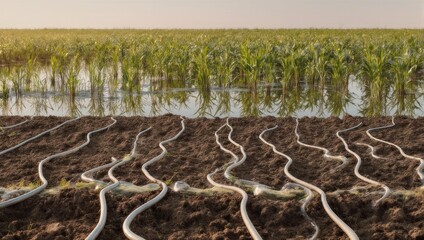Modern irrigation system watering crops in a field, showcasing sustainable agriculture and efficient farming practices