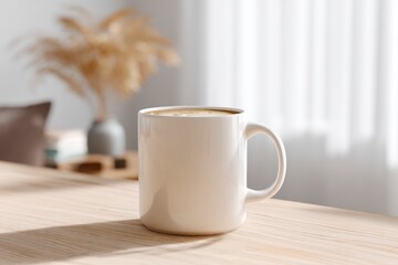 Obraz premium Cozy White Coffee Mug on a Wooden Table with Minimalist Decor