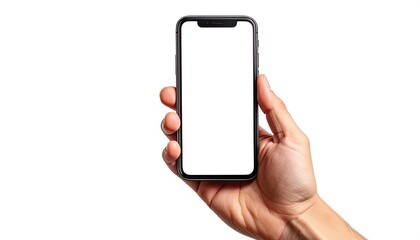 Hand holding smartphone mockup with blank white screen, isolated background. High-quality phone mockup templates to showcase apps, UI designs, and websites. Realistic, modern