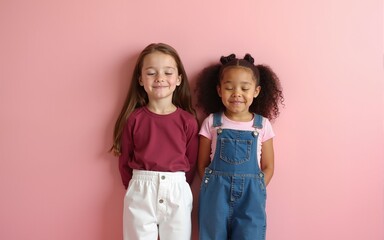 Cute two young interracial girls are dreaming with closed eyes on pink background with place for text. Russian blonde in white pants and ruby top with her brunette Asian friend in denim jumpsuit.