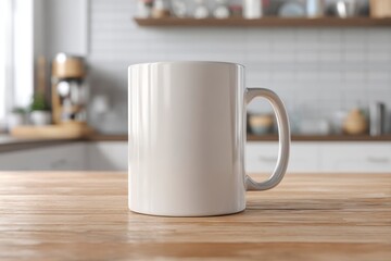 Fototapeta premium Blank White Coffee Mug on Wooden Table in Bright Kitchen Setting