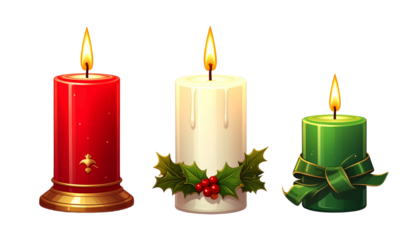 Three burning Christmas candle variations isolated on transparent background