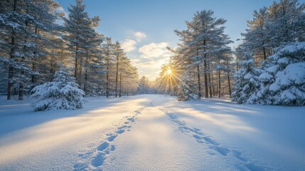 Winter sunrise forest path, snow covered trees, tranquil scene, possible use nature wallpaper