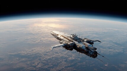Naklejka premium A Futuristic Spaceship in Orbit Above a Beautiful Earth Illustration in High Detail