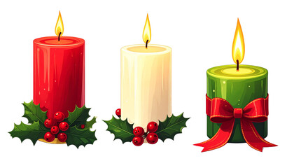 Three burning Christmas candle variations isolated on transparent background