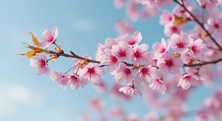 Fototapeta premium Pink cherry blossoms against a light blue sky