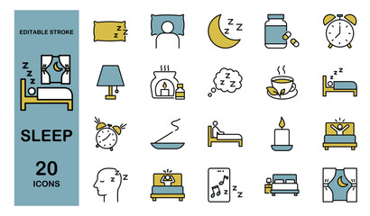 Sleep and Relaxation Collection Featuring Beds, Pillows, Aromatherapy, and Nighttime Comfort Items. Editable Stroke. Colored Vector Illustration.
