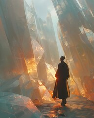 Contemplative Journey Figure Amidst Crystalline Peaks in Golden Light
