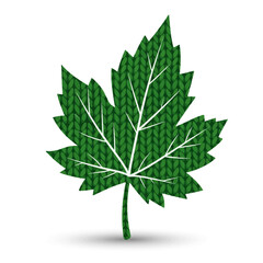 Fototapeta premium Green knitted leaf illustration with detailed texture and white veins, isolated on white background.