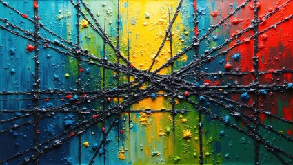 A vibrant abstract painting showcasing a dynamic interplay of bold colors and expressive lines.