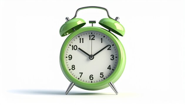 Isolated retro green alarm clock in 3d icon with twin bells and black numbers on a white background