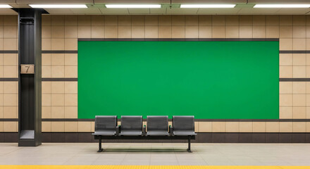 Blank Green Screen Billboard in Subway Station Waiting Area Mockup and Advertising Concept